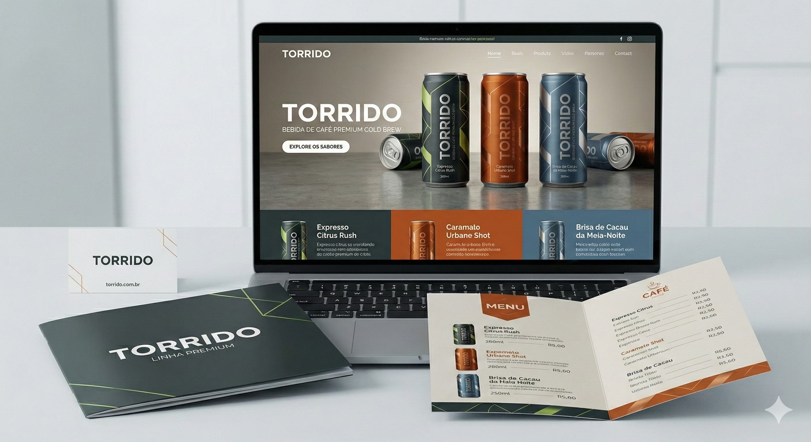 TORRIDO - Sistema de identidade completo: site, brand book, cardápio e cartões